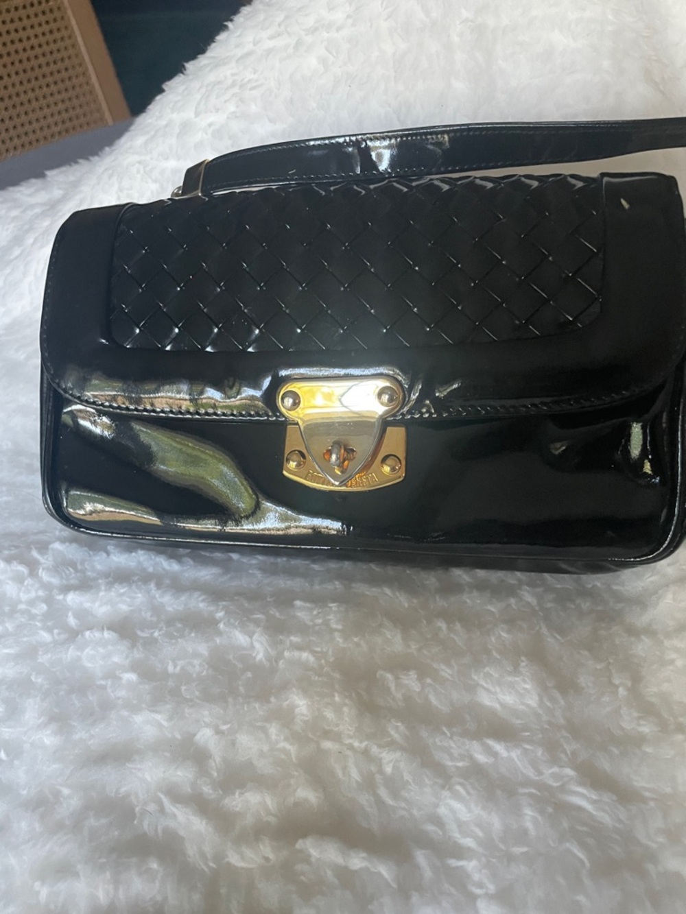 Bottega Veneta Black Patent Shoulder Bag with Gold Lock